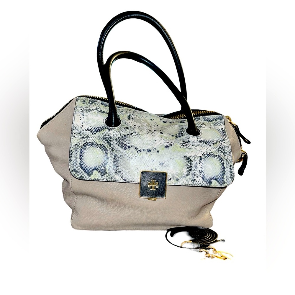 EUC TORY BURCH SNAKESKIN AND LEATHER KISS LOCK SATCHEL